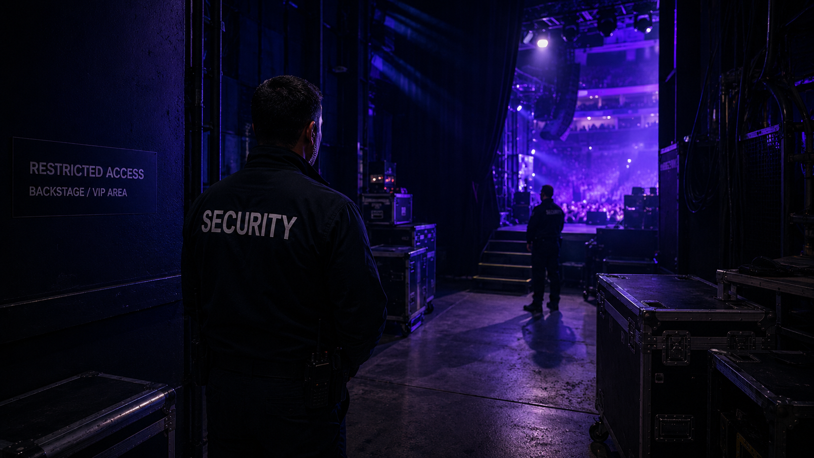 Security guard monitoring restricted backstage and VIP access at a concert