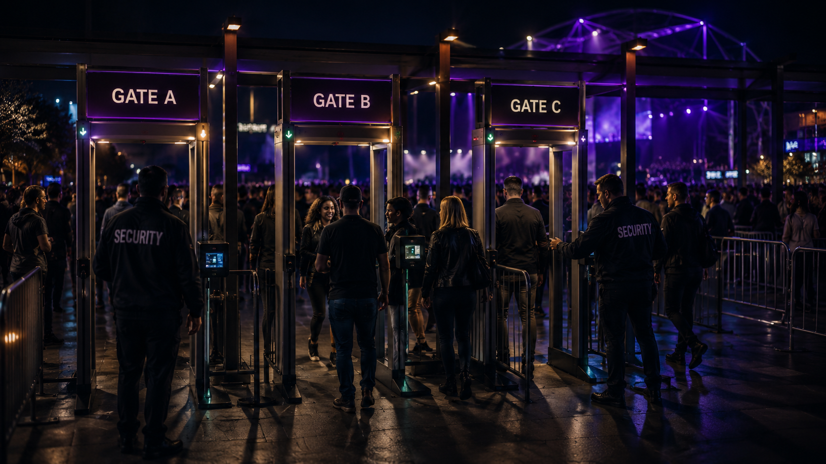 Security teams monitoring event entry gates at a concert venue