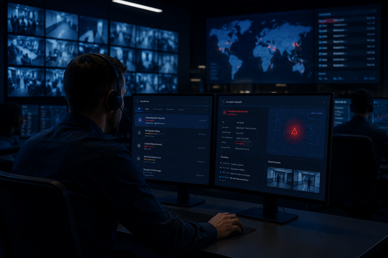 Security operator at a control room workstation monitoring incident dashboards on multiple screens