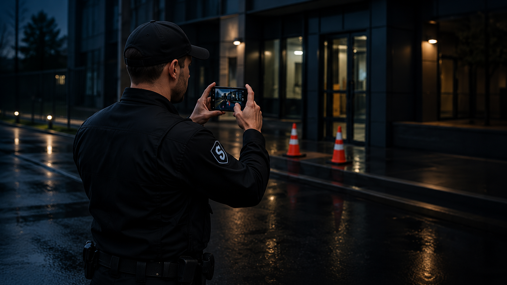 Security guard capturing photo and video evidence on site