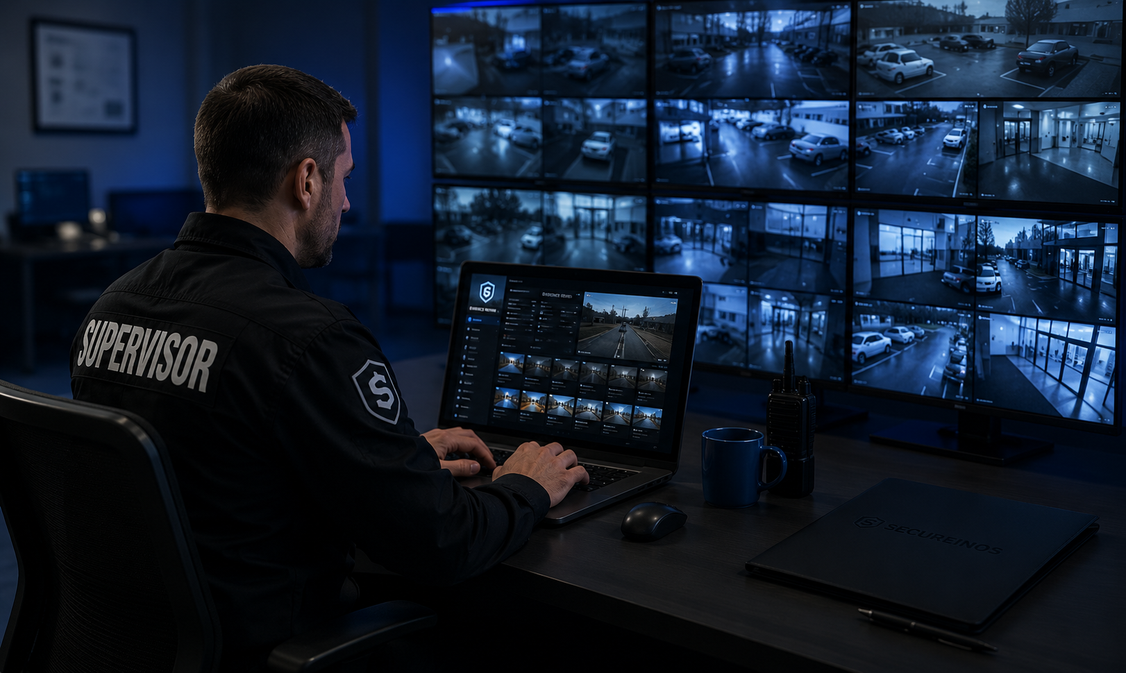 Security supervisor reviewing photo and video evidence before client reporting
