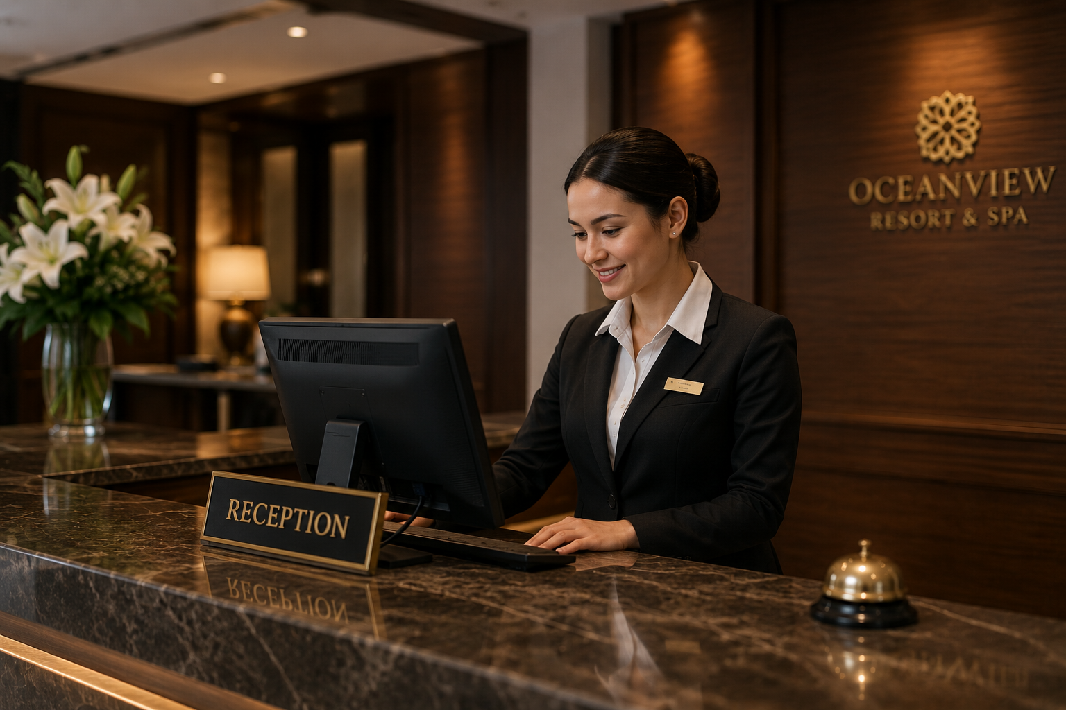 Hotel front desk staff coordinating guest service operations