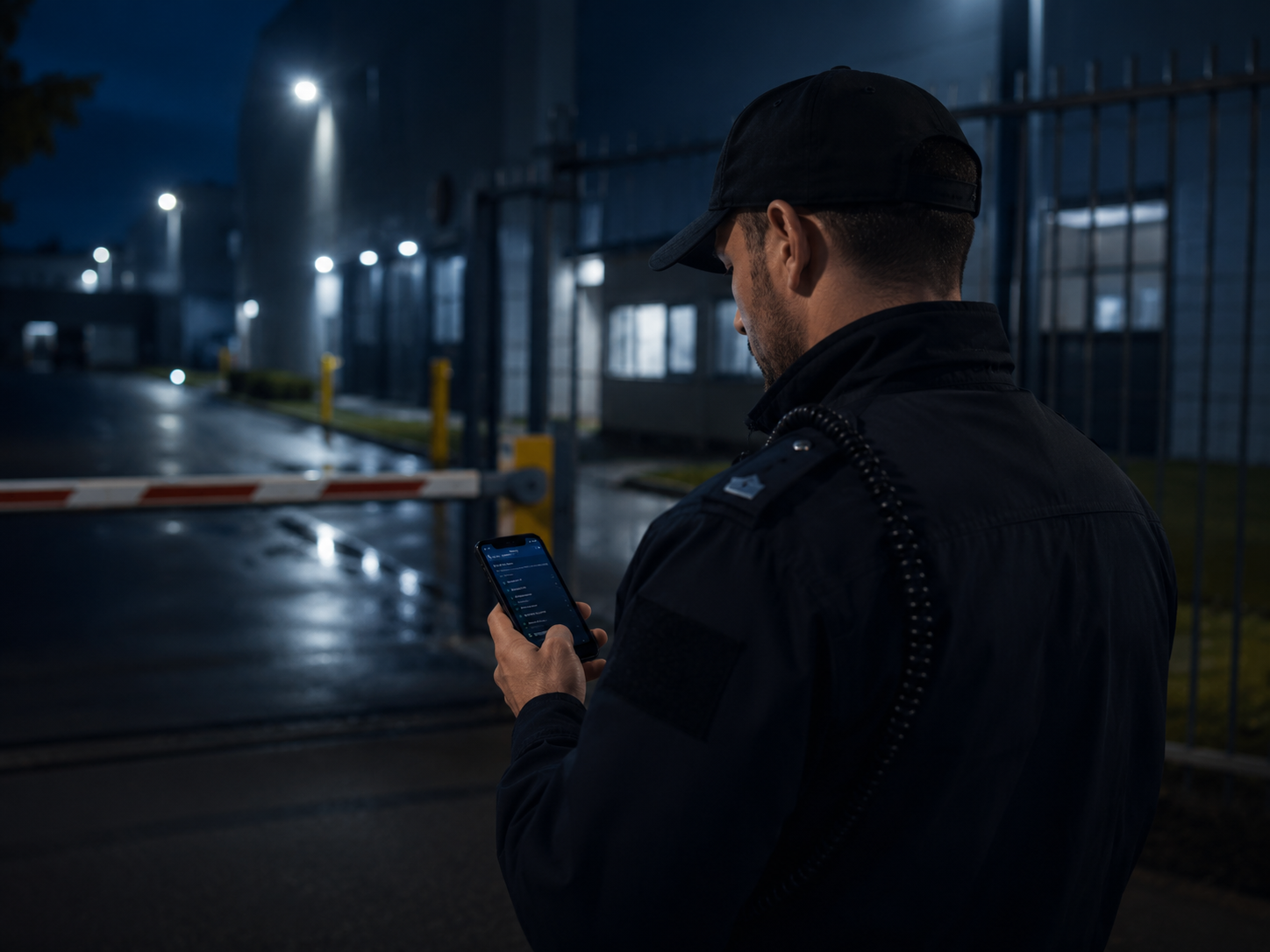 Security guard using mobile app in the field