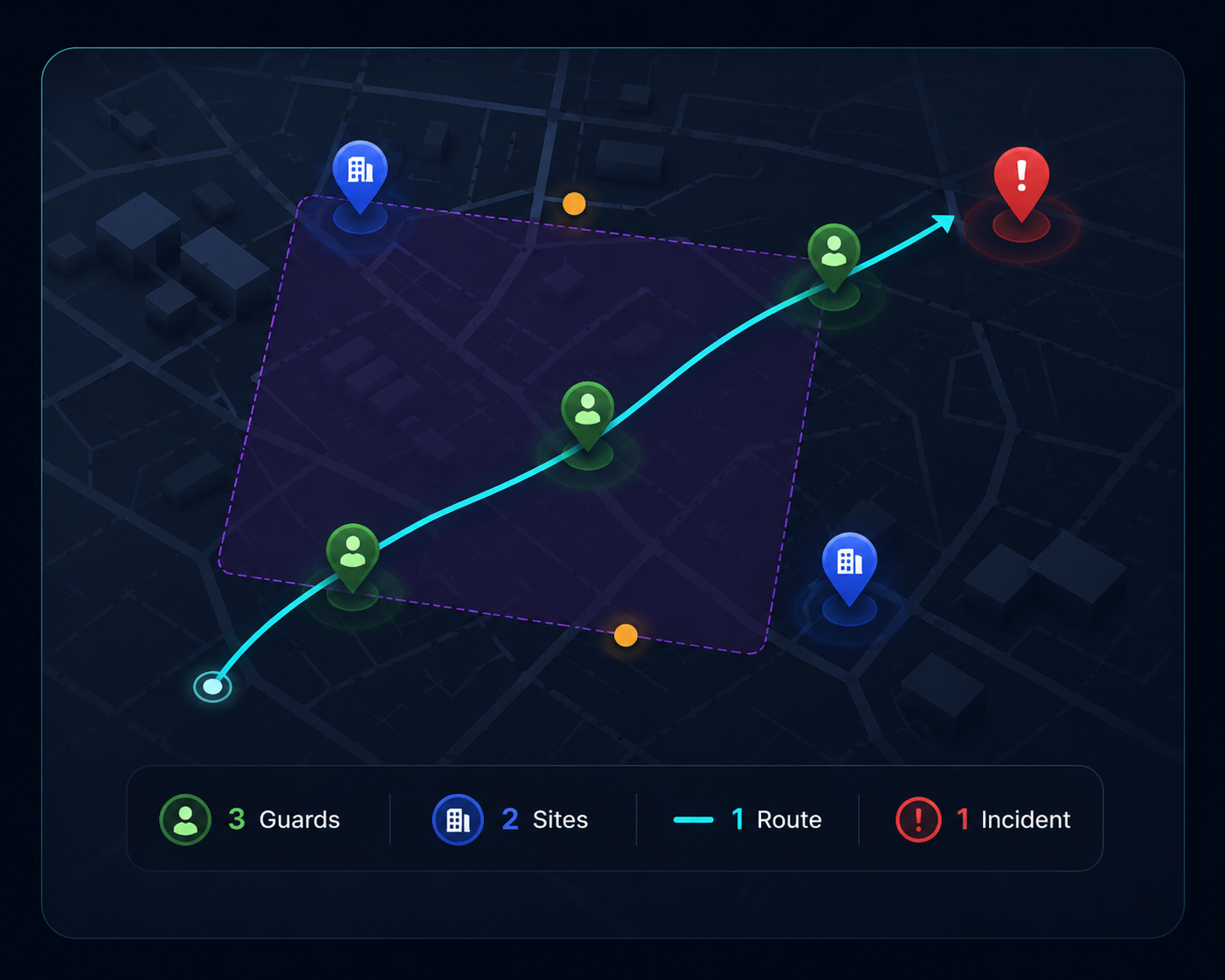 Night security map view showing live location layers for guards, sites, patrol routes, checkpoints, incidents, and geofences.