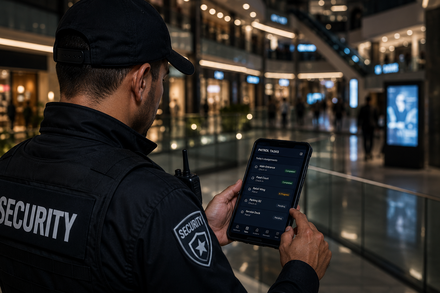 Mobile patrol guard walking through a modern mall atrium