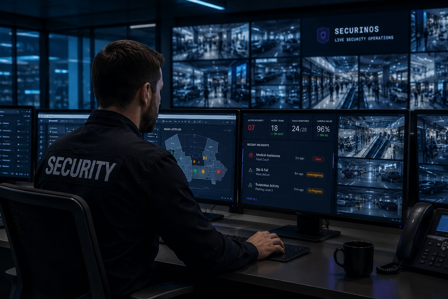 Property manager viewing commercial building security dashboard