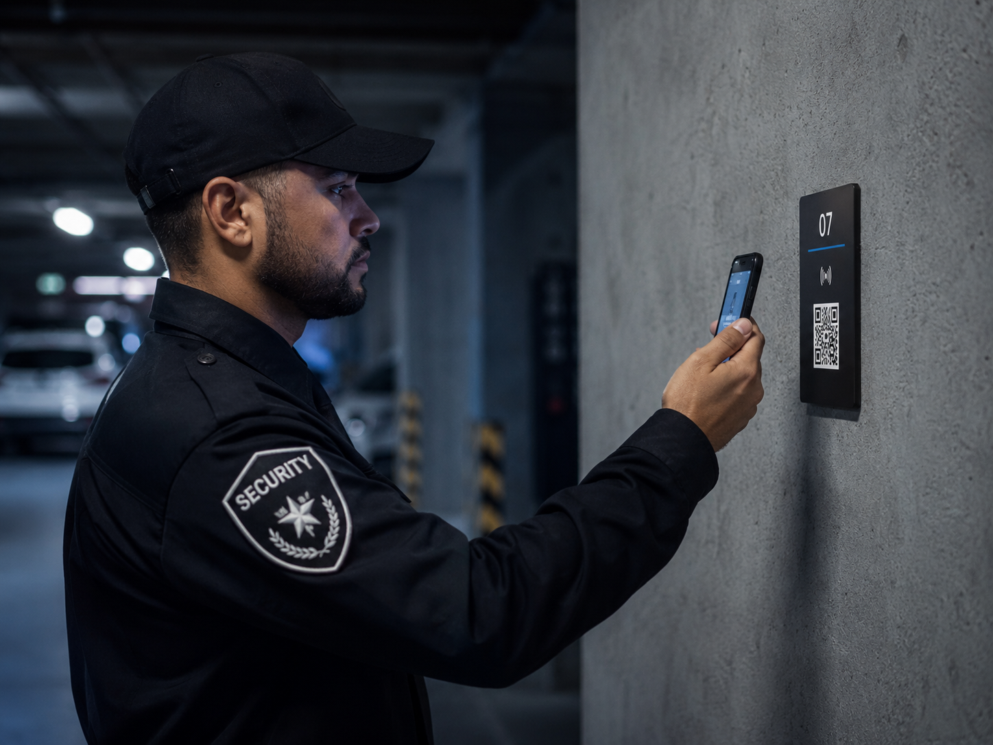 Security guard scanning checkpoint while Securinos verifies patrol activity