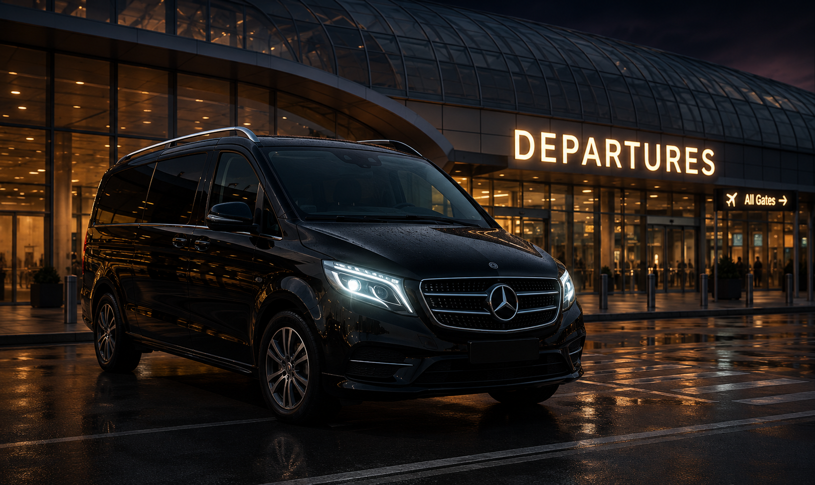 Executive airport transfer vehicle outside the departures terminal