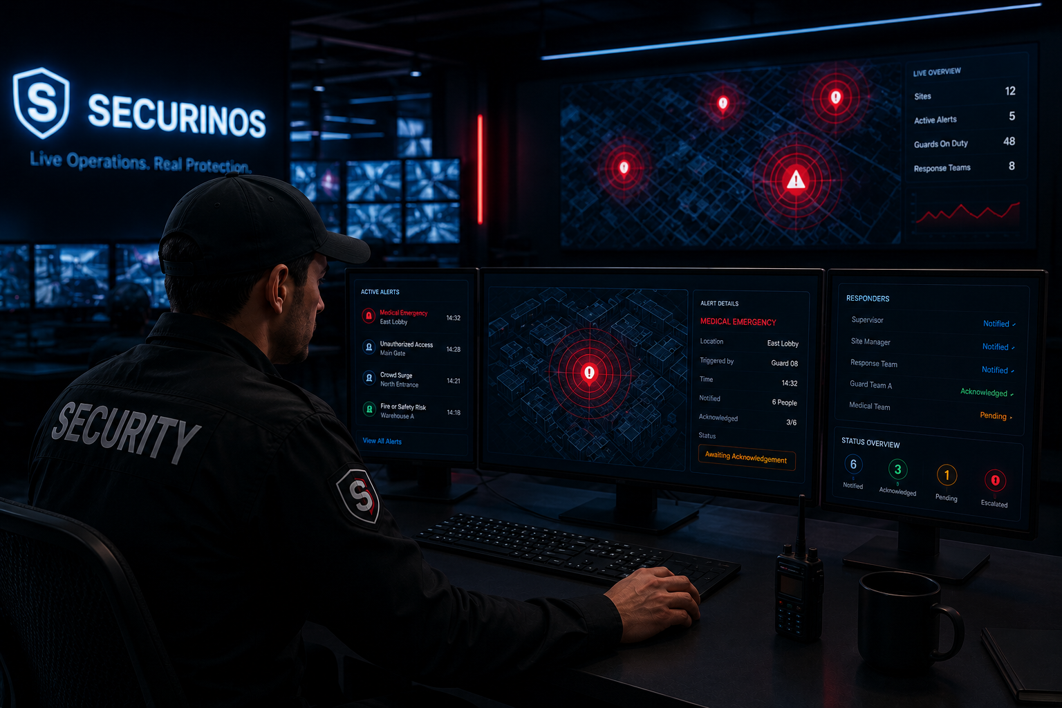 Security operations control room showing emergency alert monitoring for Securinos.