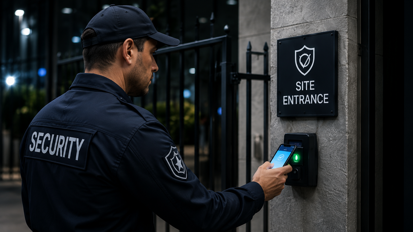 Security guard clocking in at site entrance with mobile app