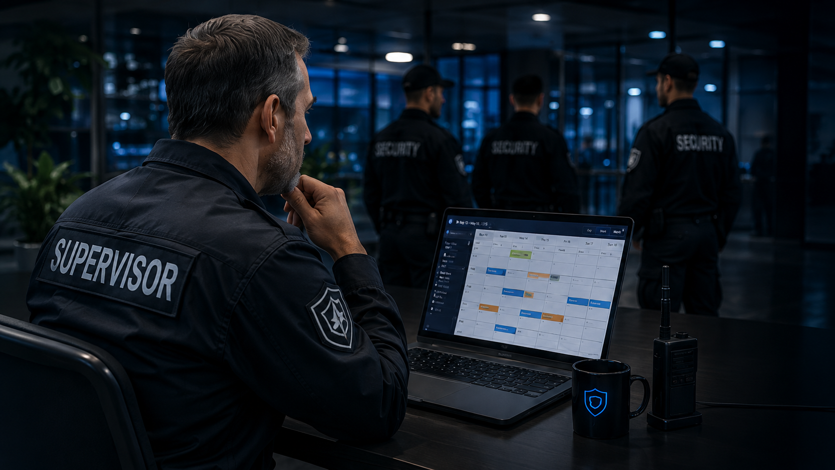 Security supervisor managing guard shift schedule