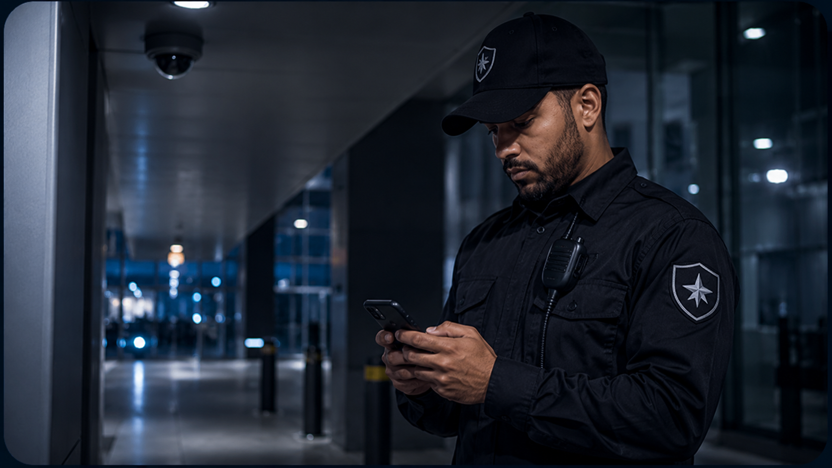 Security guard using Secureinos mobile app during shift