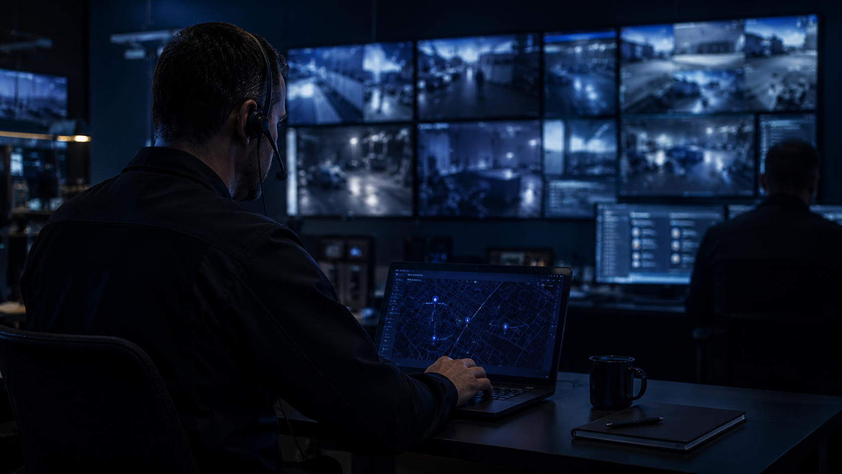 Security supervisor monitoring operations and reviewing incidents