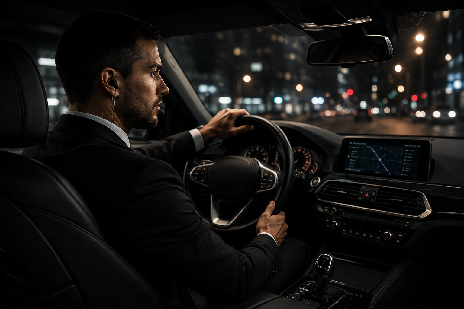 Professional driver coordinating secure VIP transport