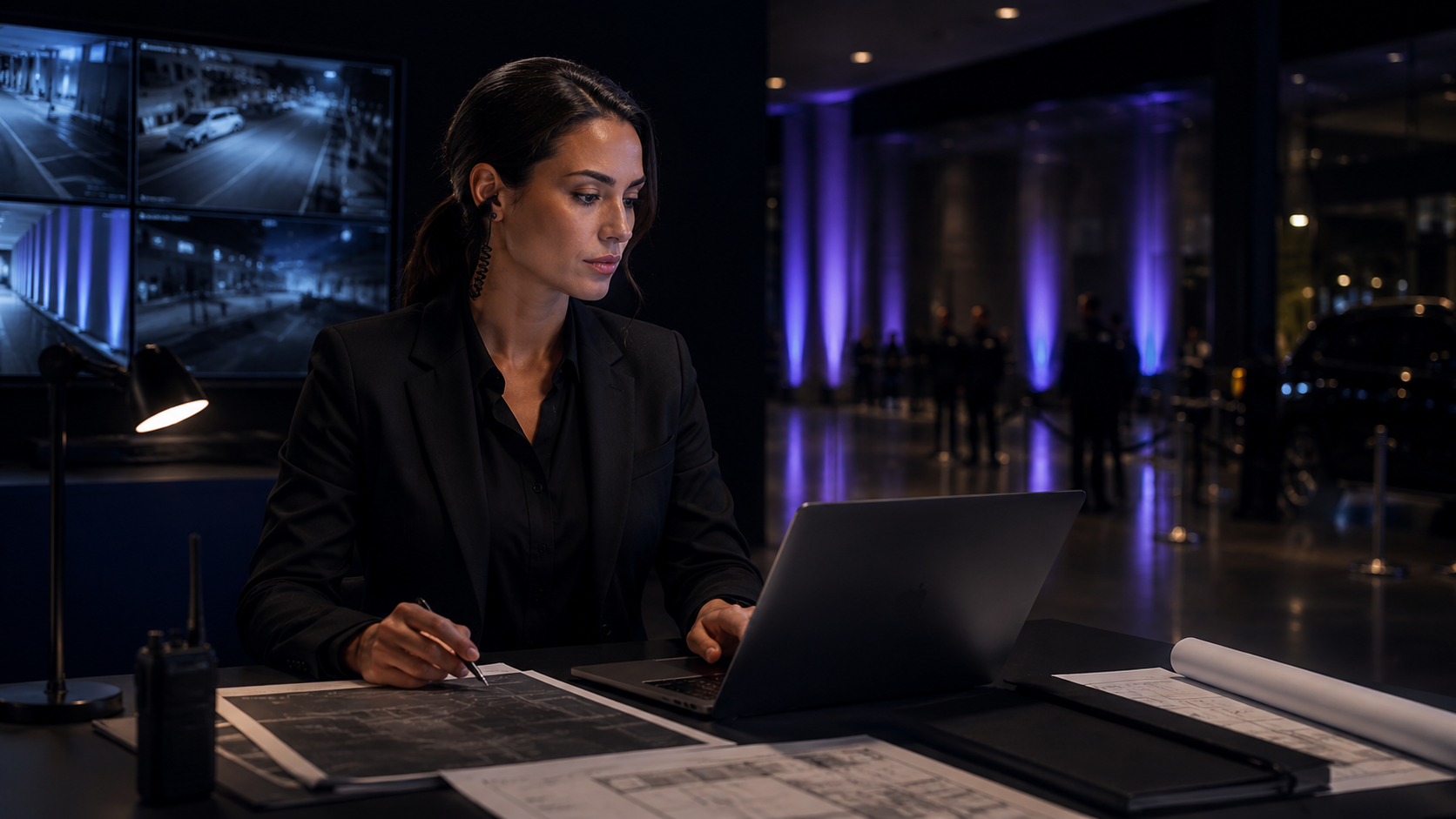 Advance team member reviewing venue security details
